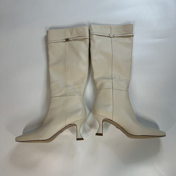 Sam Edelman Lyla Ivory Leather Boots 8.5 Kitten Heels Knee High Zip - Picture 3 of 7